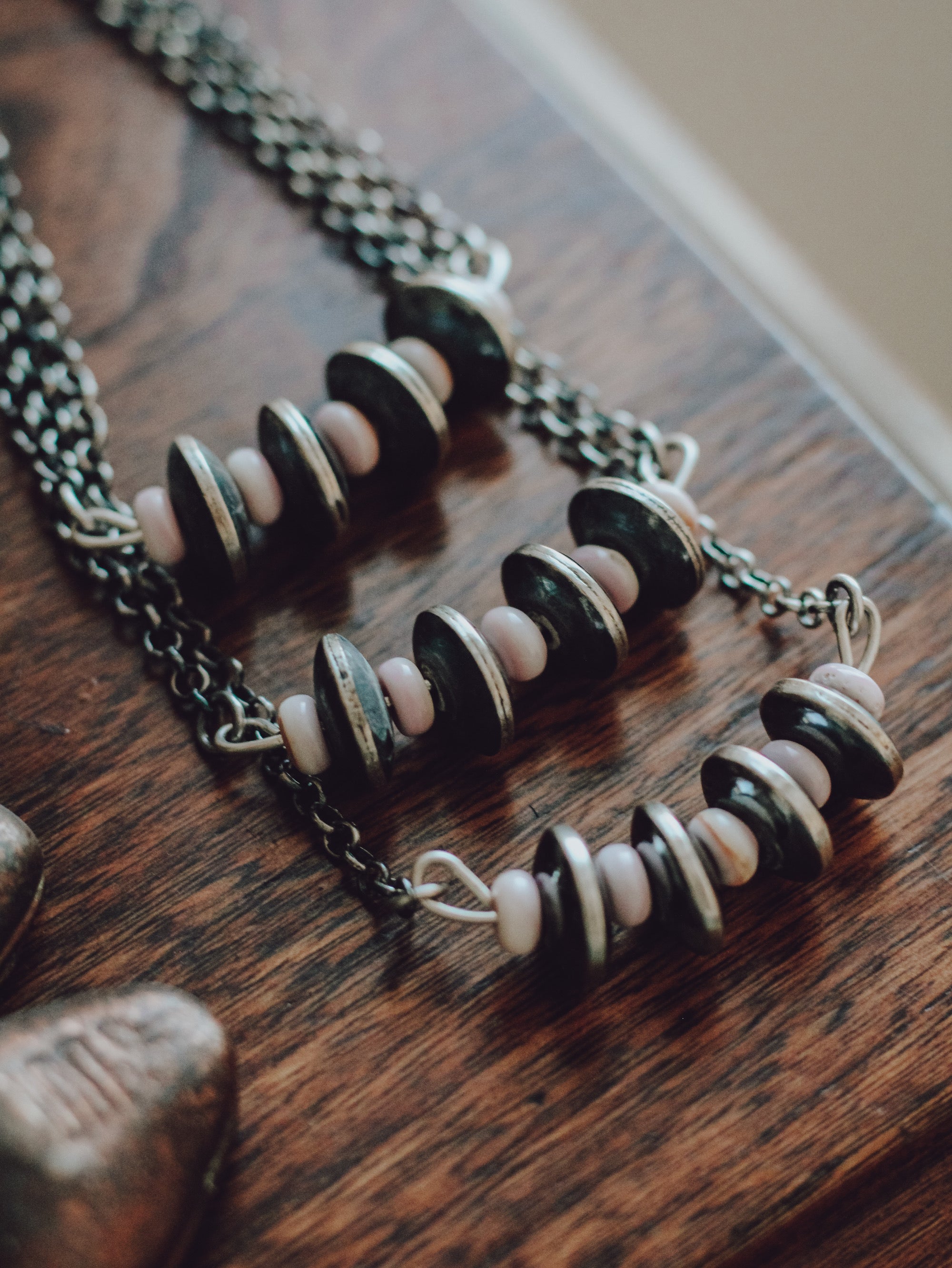 Pearl & Pink Conch • Bar Necklace