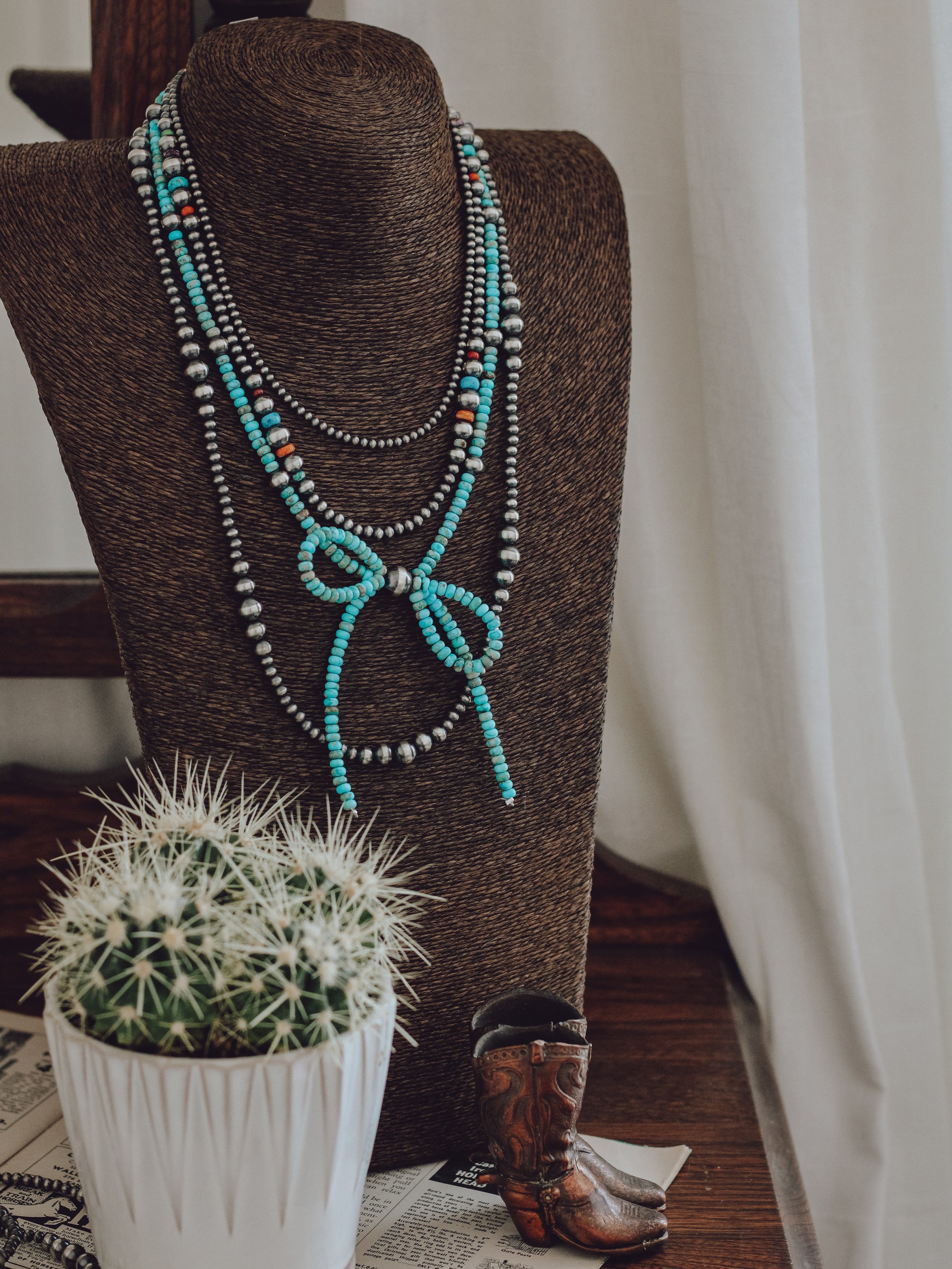 Turquoise & Navajo Pearl • Bow Necklace