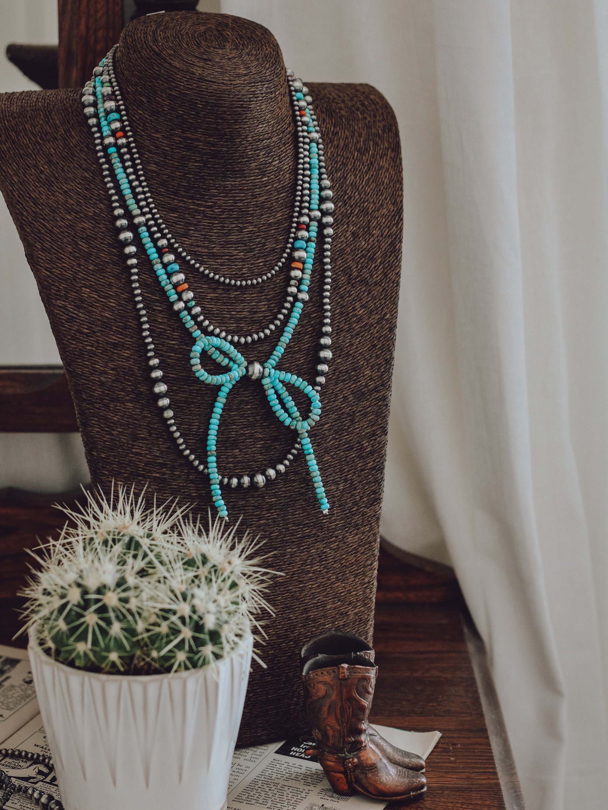 Turquoise & Pearl • Bow Necklace